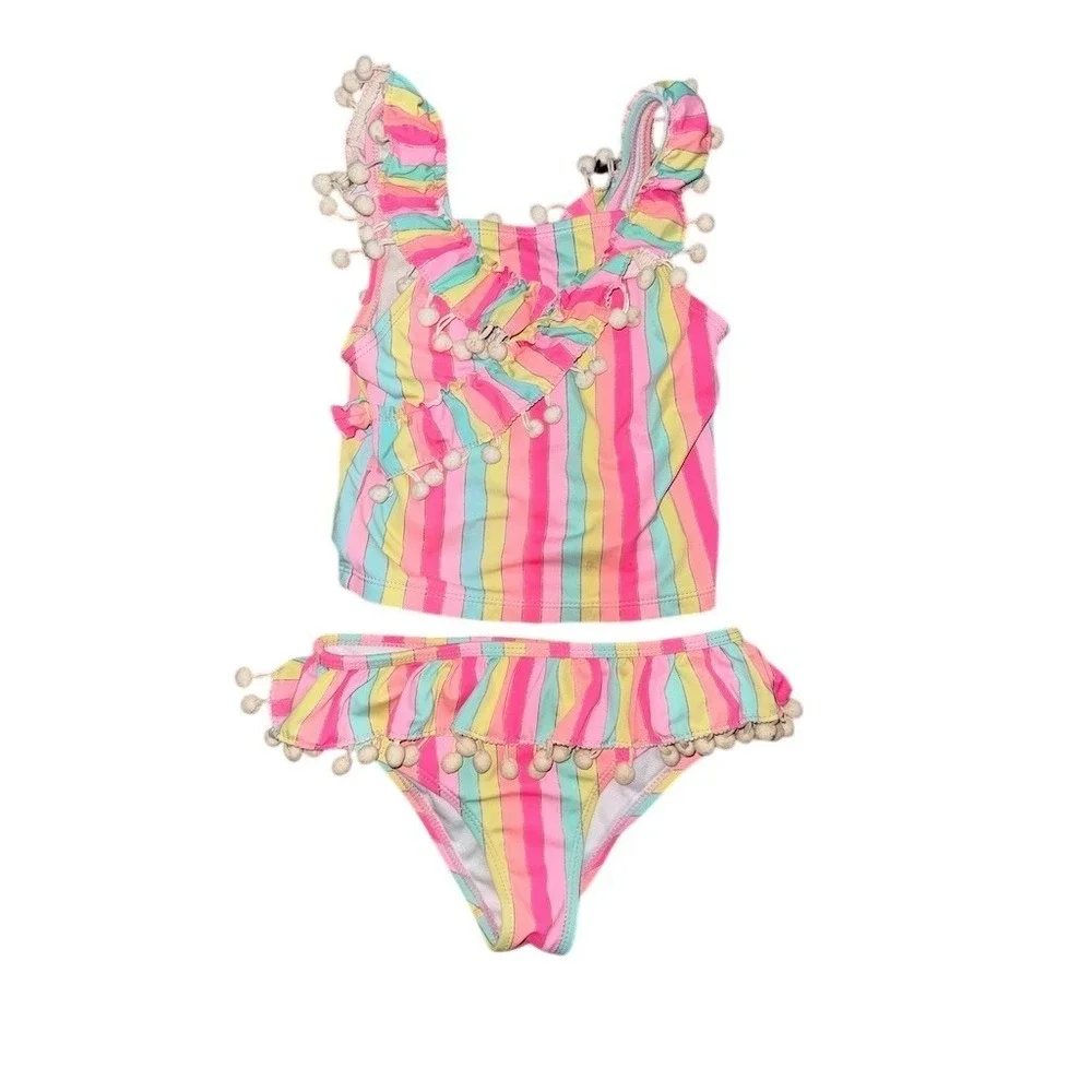 Nicole Miller New York Girls‎ Swim Set 6 Rainbow Stripe Tankini. Pom Pom fringe